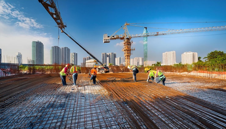 construction crews pouring concrete setting rebar hotel foundation_1271419 25134